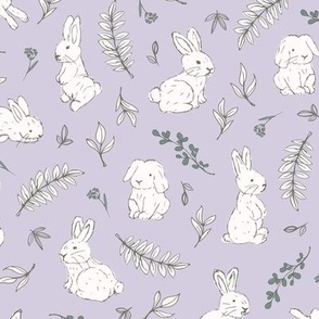 Romantic boho bunny garden rabbits and leaves vintage style freehand illustration easter design white green on lilac purple blue