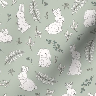 Romantic boho easter bunny garden rabbits and leaves vintage style freehand illustration easter design white green on sage green mist