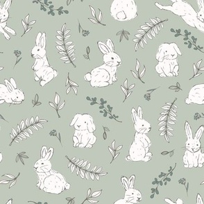 Romantic boho bunny garden rabbits and leaves vintage style freehand illustration easter design white green on sage green mist
