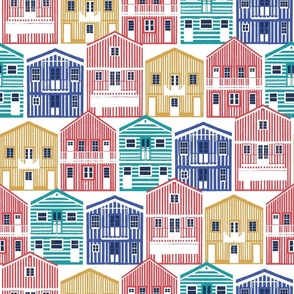 Colourful Portuguese houses // normal scale // white background rob roy yellow mandy red electric blue and peacock teal Costa Nova inspired houses