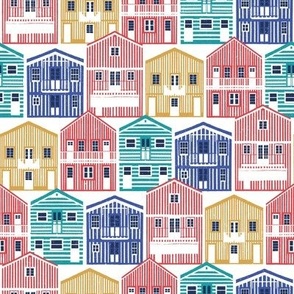 Small scale // Colourful Portuguese houses // white background rob roy yellow mandy red electric blue and peacock teal Costa Nova inspired houses