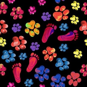 Rainbow animal and human paw print trails