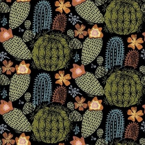 Cactus Garden Small on Black Block Print Style