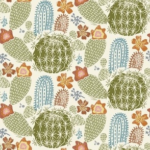 Cactus Garden Small on Cream Block Print Style