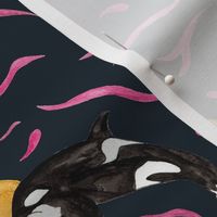 Hand Painted Orca Whale With Large Sunset And Pink Water Navy Blue Large