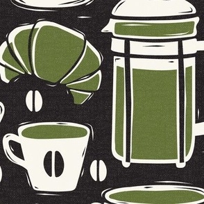 French Café - Block Print Coffee Black Green Large Scale