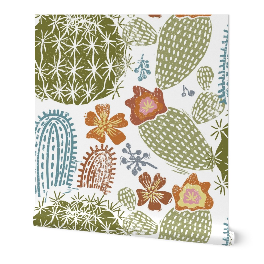 Cactus Garden on White Block Print Style