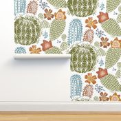 Cactus Garden on White Block Print Style