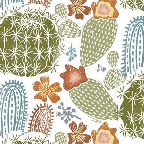 Cactus Garden on White Block Print Style