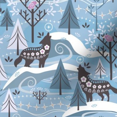 Grey Wolves / Song of Life / Scandi / Folk Art / Outdoors / Winter / Christmas / Trees Forest / Icy Blue / Medium