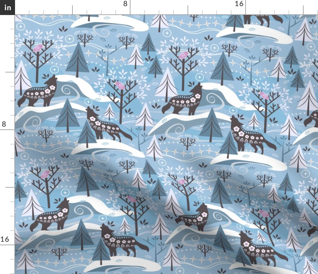 Grey Wolves / Song of Life / Scandi / Folk Art / Outdoors / Winter / Christmas / Trees Forest / Icy Blue / Medium