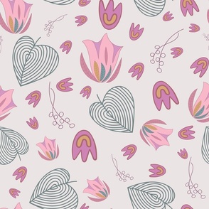 Floral seamless pattern with pink Eustoma flowers on white background.