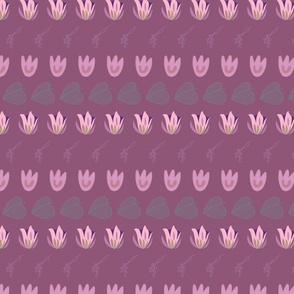 Floral seamless pattern with pink  flowers arranged in rows on plum colour background. 