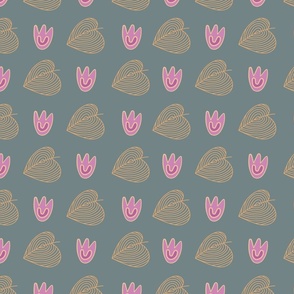 Floral seamless pattern with pink flowers and yellow leaves on grey green background. 