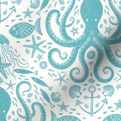 Underwater Adventure Octopus wood block print antique turquoise by Pippa Shaw