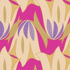 Pattern with gold yellow Eustoma flowers on pink background.