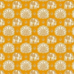 adventure-blockprint-peacock and elephant-marigold-small scale