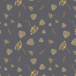 Seamless pattern with yellow plants and leaves on dark grey background.