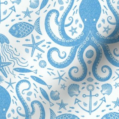 Underwater Adventure Octopus block print sky blue by Pippa Shaw