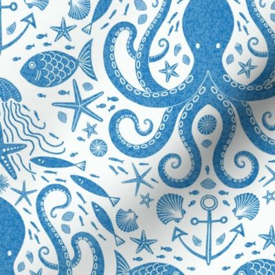 Underwater Adventure Octopus block print marine blue by Pippa Shaw