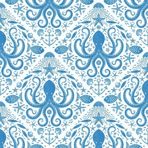 Underwater Adventure Octopus block print marine blue by Pippa Shaw