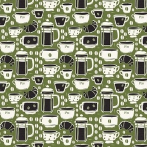 French Café - Block Print Coffee Green Black Small Scale