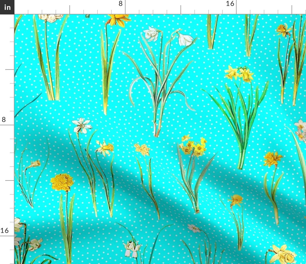 Daffodils and polka dots on aqua ground