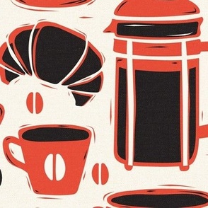 French Café - Block Print Coffee Ivory Red Large Scale
