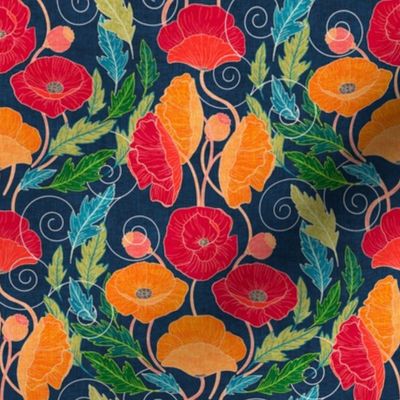 Ornamental Poppy Art Nouveau in red and orange - small