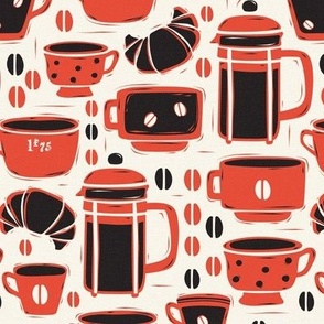 French Café - Block Print Coffee Ivory Red Regular Scale