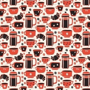 French Café - Block Print Coffee Ivory Red Small Scale