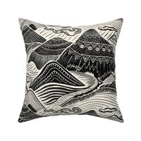 Mystical Mountain Adventure - block print style landscape in black and cream - large (16 inch wide)