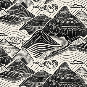 Mystical Mountain Adventure - block print style landscape in black and cream - large (16 inch wide)