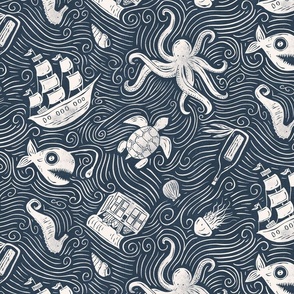 Underwater Ocean Adventure - navy and cream block print - medium