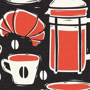 French Café - Block Print Coffee Black Red Large Scale