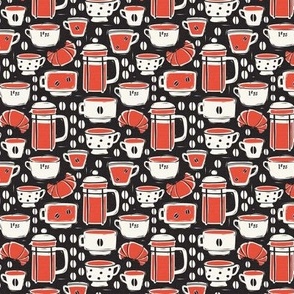 French Café - Block Print Coffee Black Red Small Scale