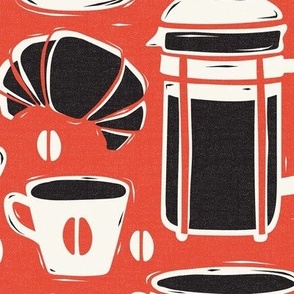 French Café - Block Print Coffee Red Black Large Scale