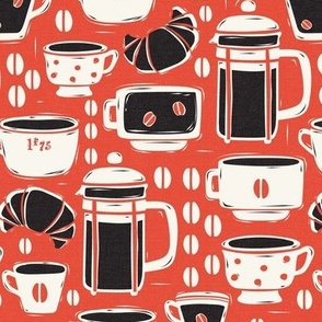 French Café - Block Print Coffee Red Black Regular Scale