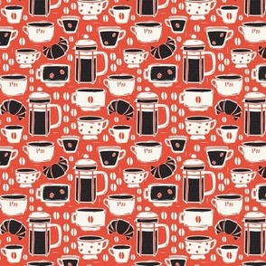 French Café - Block Print Coffee Red Black Small Scale