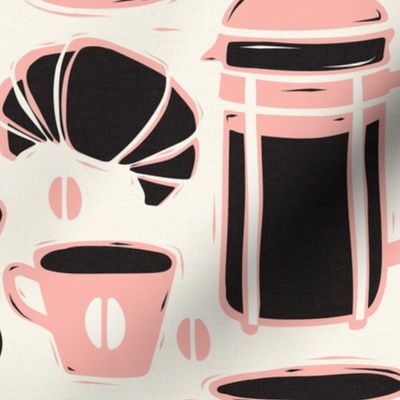 French Café - Block Print Coffee Ivory Pink Large Scale