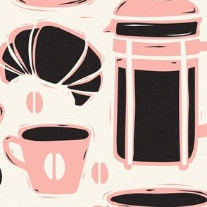 French Café - Block Print Coffee Ivory Pink Large Scale