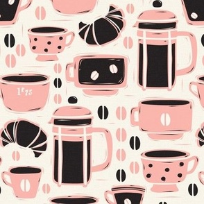 French Café - Block Print Coffee Ivory Pink Regular Scale