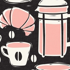 French Café - Block Print Coffee Black Pink Large Scale