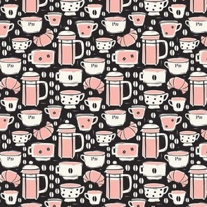 French Café - Block Print Coffee Black Pink Small Scale