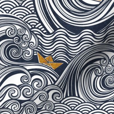Sea Adventure Block Print Medium- Navy Blue and Mustard- Golden Yellow- Origami Paper Boat- Japanese- Big Wave Hokusai- Nautical Home Decor- Waves Wallpaper