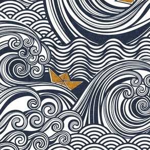 Sea Adventure Block Print Medium- Navy Blue and Mustard- Golden Yellow- Origami Paper Boat- Japanese- Big Wave Hokusai- Nautical Home Decor- Waves Wallpaper