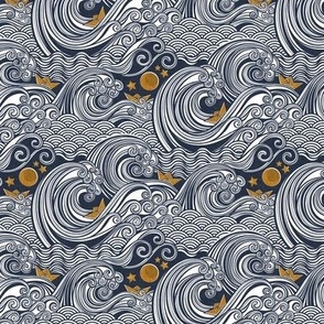 Sea Adventure Block Print Mini- Navy Blue and Mustard- Golden Yellow- Origami Paper Boat- Japanese- Big Wave Hokusai- Nautical - Waves- Small Scale
