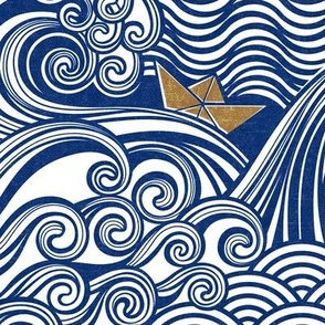 Sea Adventure Block Print Large Scale- Royal Blue and Golden Yellow- Origami Paper Boat- Japanese- Big Wave Hokusai- Nautical Home Decor- Waves Wallpaper