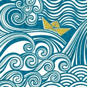 Sea Adventure Block Print Large Scale- Turquoise Blue and Golden Yellow- Origami Paper Boat- Japanese- Big Wave Hokusai- Nautical Home Decor- Waves Wallpaper2