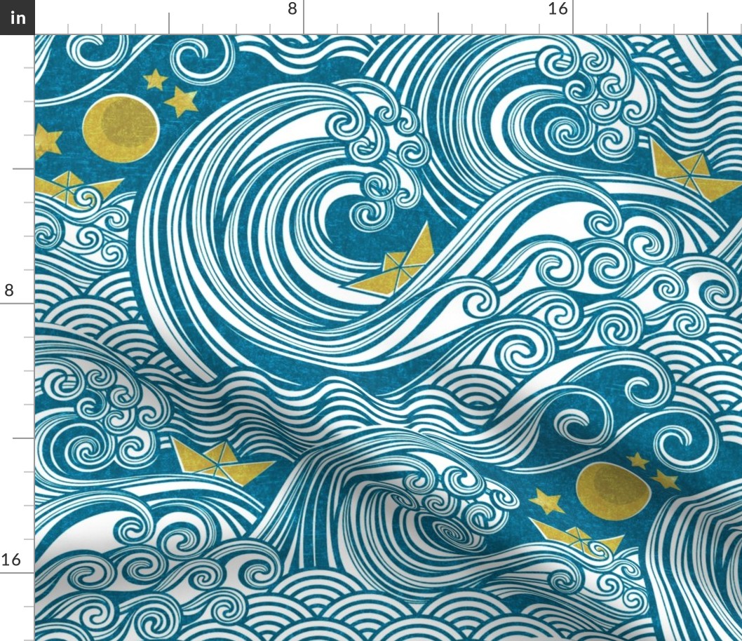 Sea Adventure Block Print Large Scale- Turquoise Blue and Golden Yellow- Origami Paper Boat- Japanese- Big Wave Hokusai- Nautical Home Decor- Waves Wallpaper2